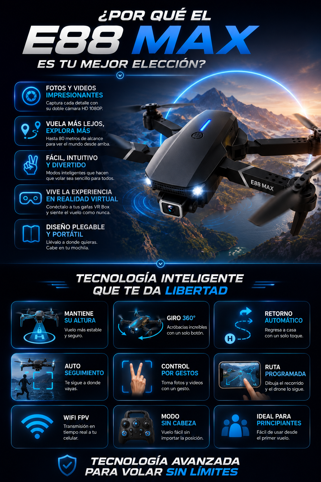 Dron E88 MAX — sección 3